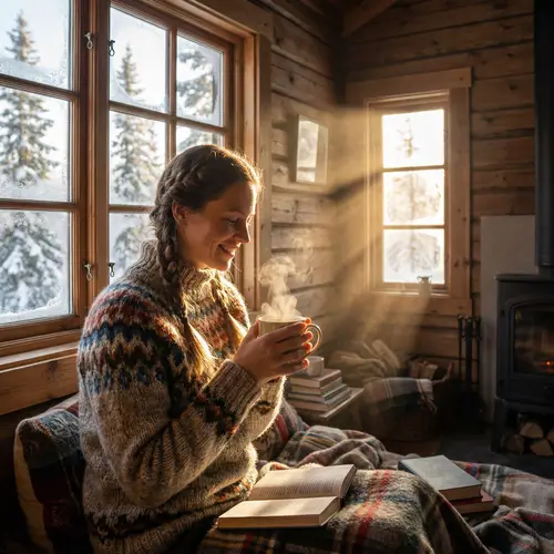 Warm Russian Woman Enjoying Tea in Cozy Cabin | Bright Sunshine