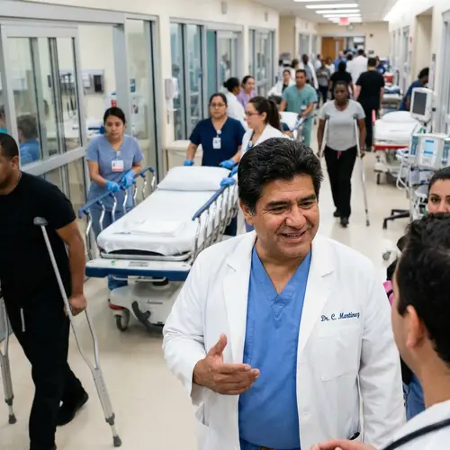 Charles, Hispanic Male Doctor in Busy Hospital Scene