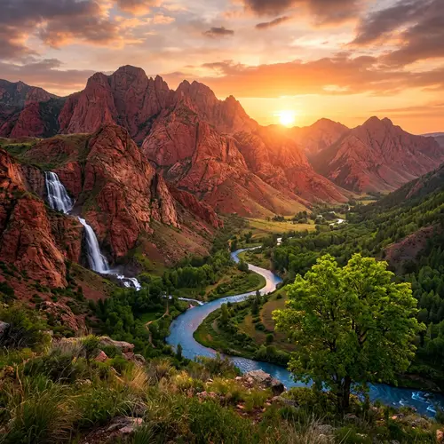 Scenic Red Mountains with Waterfall and Blue River