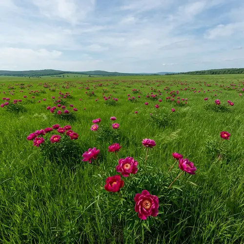 Beautiful Blooming Peonies in a Green Field