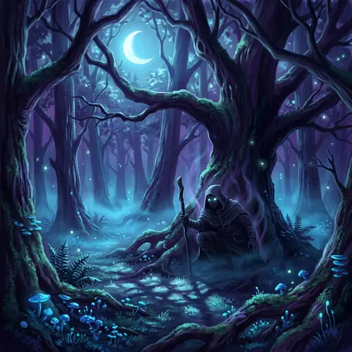 Mysterious Glowing Eyes in Moonlit Forest: Digital Painting