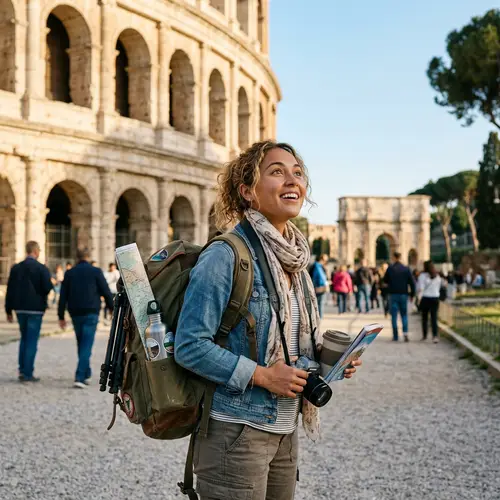 Eurasian Tourist Exploring Historical Landmarks with Wonder