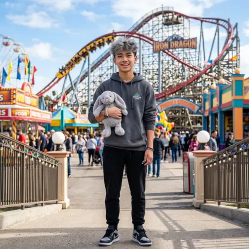 Trendy East Asian Teen with Blue Eyes and Grey Hair Enjoying Theme Park with Cute Rabbit Teddy