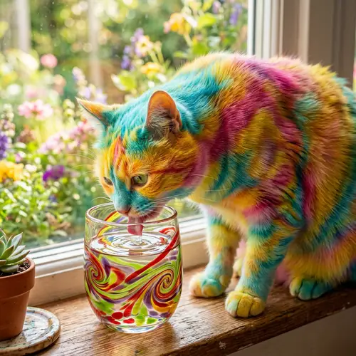 Vibrant Cat Drinking Water from Colorful Glass