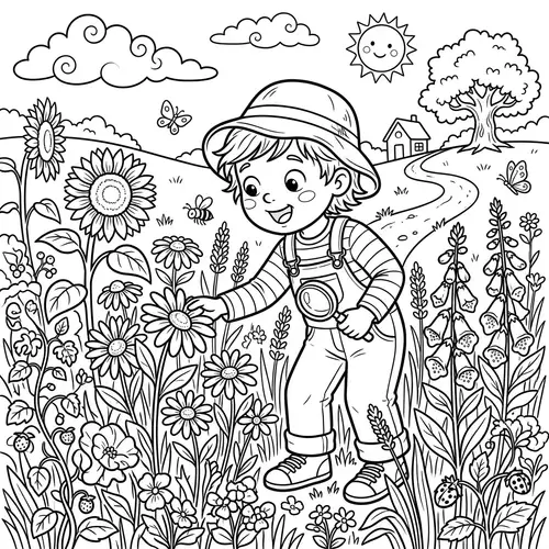 Child Exploring Vibrant Flowers in Colouring Page