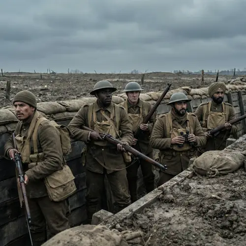 Detailed Trench Warfare Scene with Diverse Soldiers