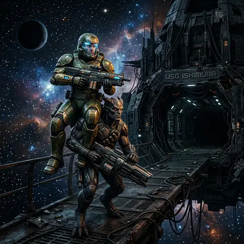 Master Chief Boards Ishimura: Futuristic Soldier Scene