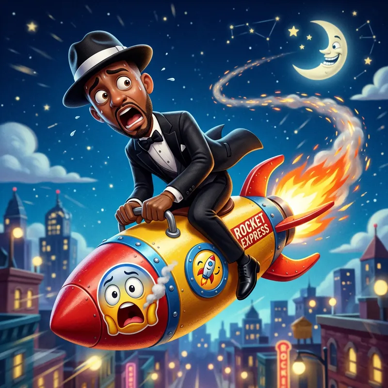 Animated Black Man in Tuxedo Panicking on Emoji Rocket