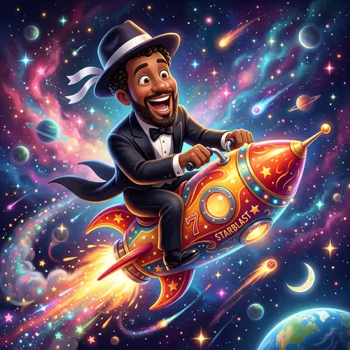 Lighter Skin Black Man Riding Rocket in Tuxedo Fedora Hat