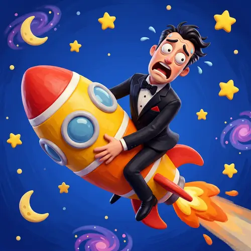 Man in Tuxedo Riding Emoji Rocket Panicking | 3D Pixar Animation Style