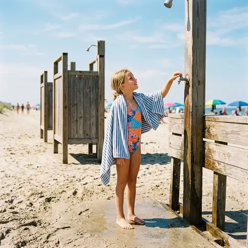 Nine-Year-Old Girl Outdoor Shower | Colorful Swimsuit