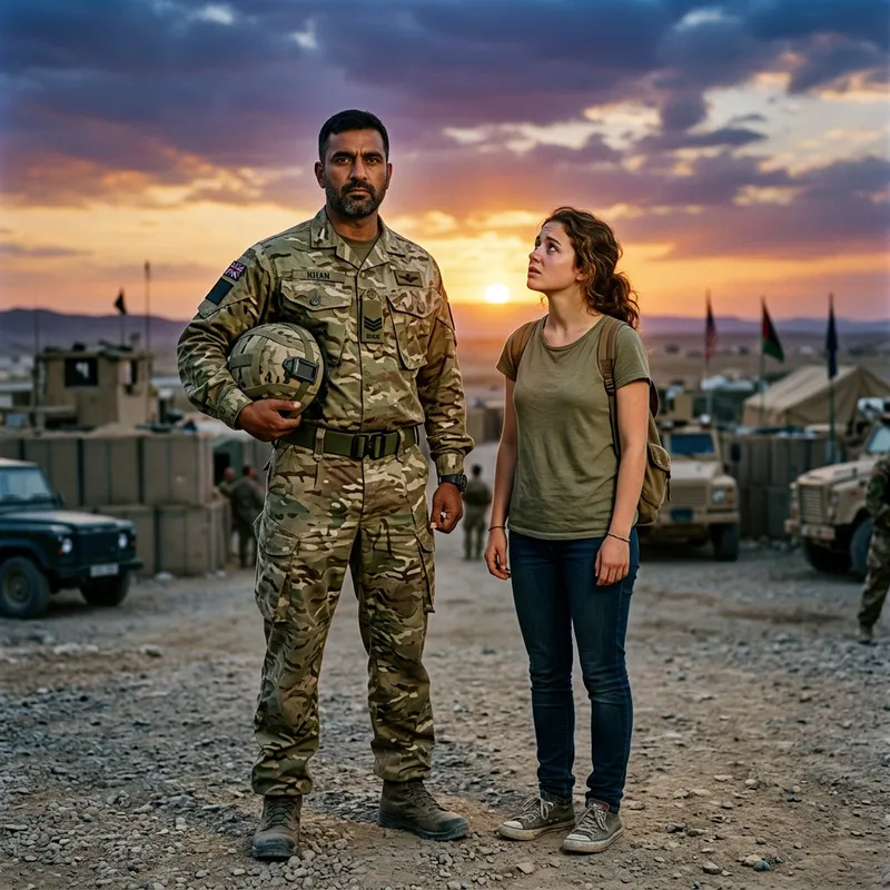 Soldier and Civilian Encounter at Sunset Soldier and Civilian Encounter at Sunset