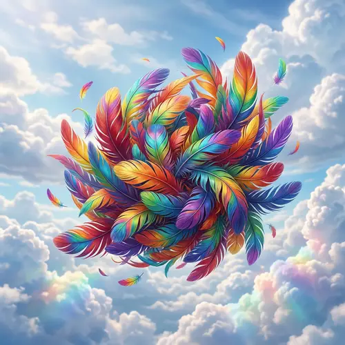 Vivid Rainbow Feather Bundle Floating in Sky