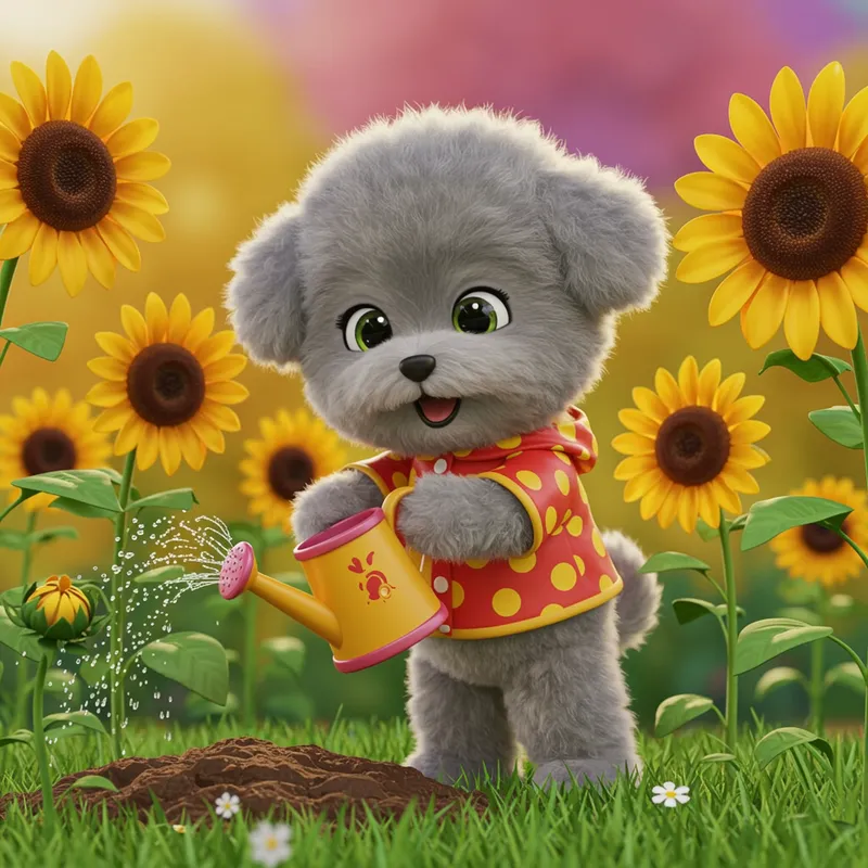 Cute Grey Puppy Watering Sunflowers | Animated Joy