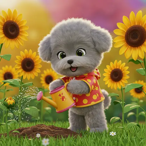 Cute Grey Puppy Watering Sunflowers | Animated Joy