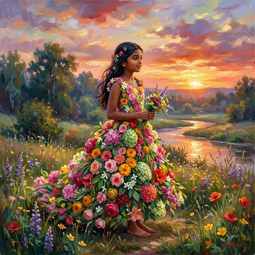 Tranquil Landscape at Sunset with Girl in Monet Style Dress