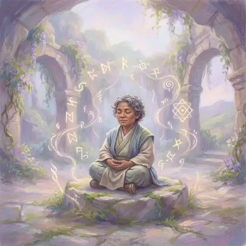Ethereal Meditative Dwarf Surrounded by Symbols