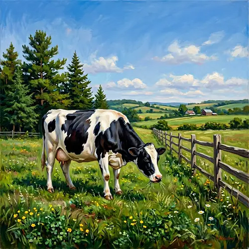 Peaceful Cow Grazing in Open Field Painting