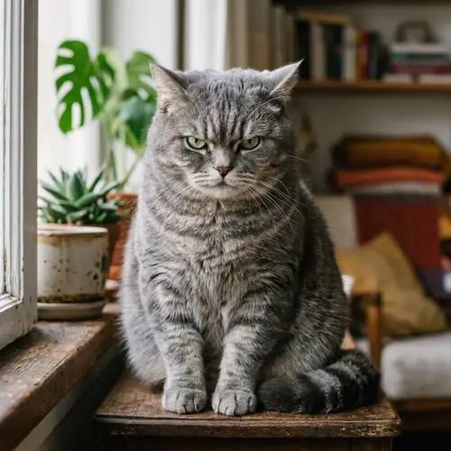 Chubby Gray Cat with Dark Stripes | Green Eyes
