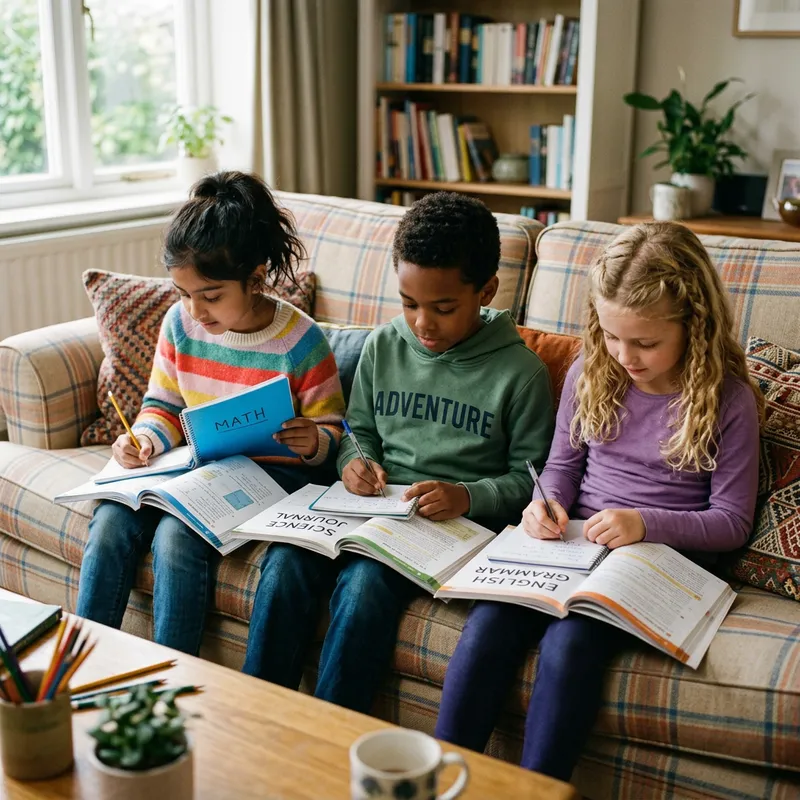 Young Girls, Boy Writing Homework on Sofa Young Girls, Boy Writing Homework on Sofa