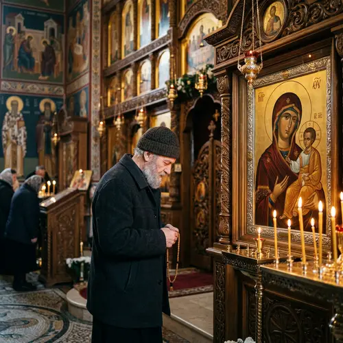 Orthodox Church Prayer Scene with Holy Virgin Mary
