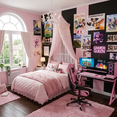 Chic Gamer Room in Black and Light Pink