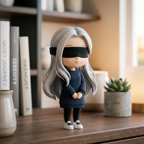 Chibi-style Blindfolded East Asian Figure in Modern Attire