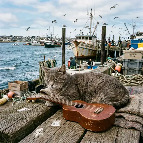Aged Feline Serenading at Harbor with Ukulele