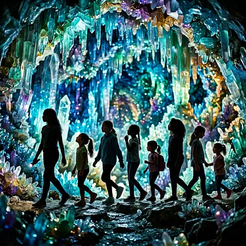 8 Silhouette Girls Walking into Crystal Cave