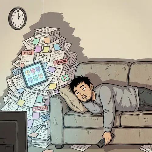 Overwhelmed Asian Man on Sofa Facing Mountain of Tasks