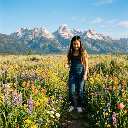 Asian Girl Surrounded by Wildflowers in Sun-Drenched Field