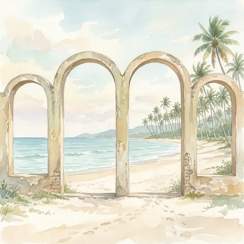 Tranquil Beach Landscape with Four Arched Portals Overlooking Ocean