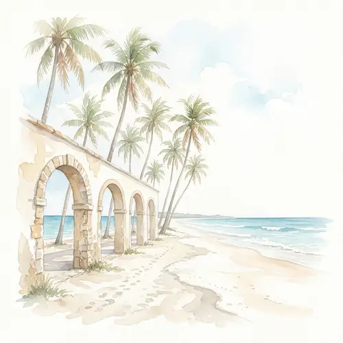 Scenic Watercolor Painting: Beach Arches & Coconut Trees