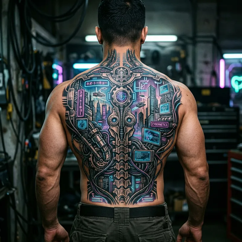 Detailed Cyberpunk Back Tattoo Design Detailed Cyberpunk Back Tattoo Design