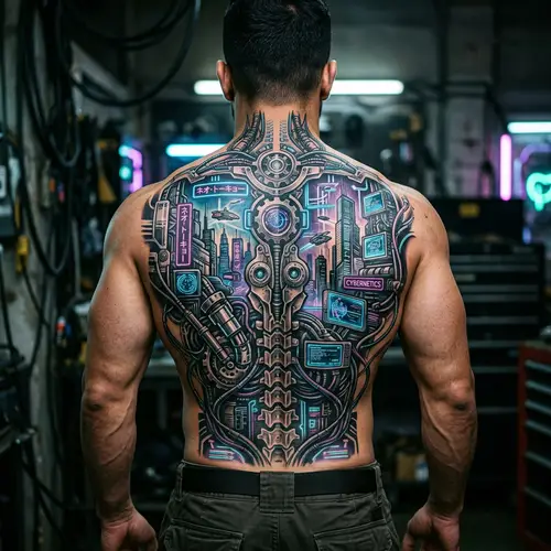 Detailed Cyberpunk-Themed Back Tattoo Design