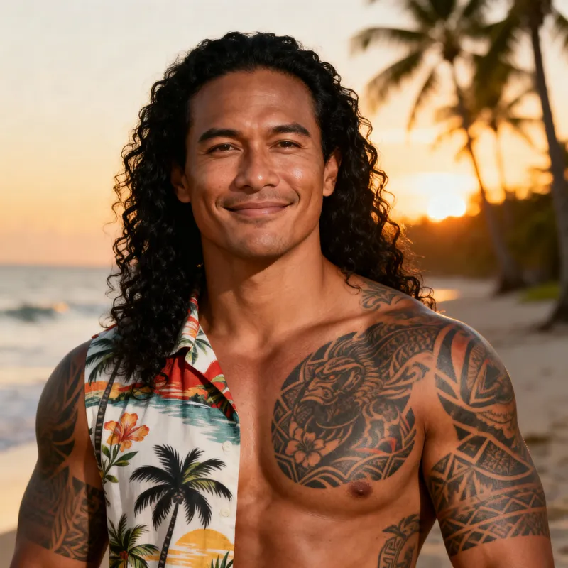 Muscular Hawaiian Man with Long Curly Hair & Tattoos