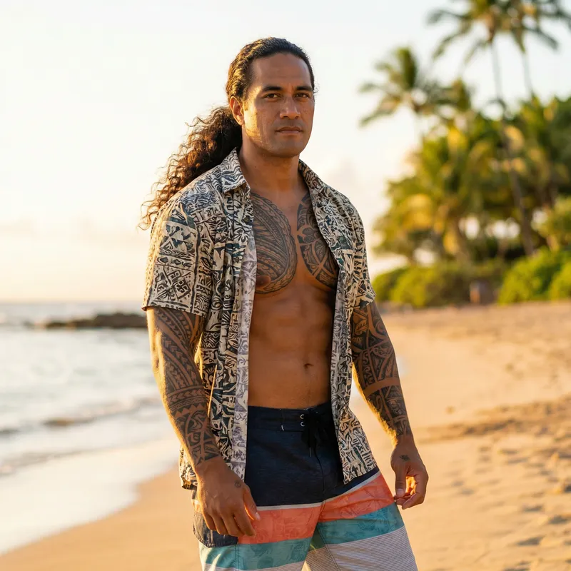 Muscular Hawaiian Man with Long Curly Hair & Tattoos Muscular Hawaiian Man with Long Curly Hair & Tattoos