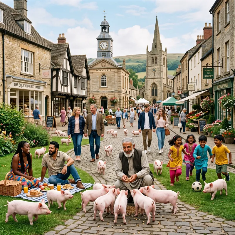 Charming Rural Town with Mini Pigs and People Charming Rural Town with Mini Pigs and People