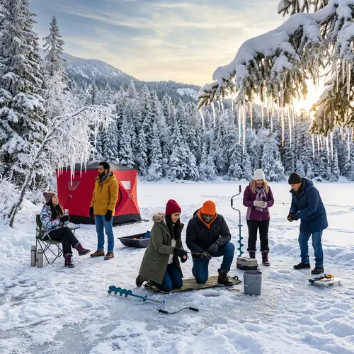 Icy Winter Scene in 8k HD: Ice Fishing & Frosty Evergreen Trees