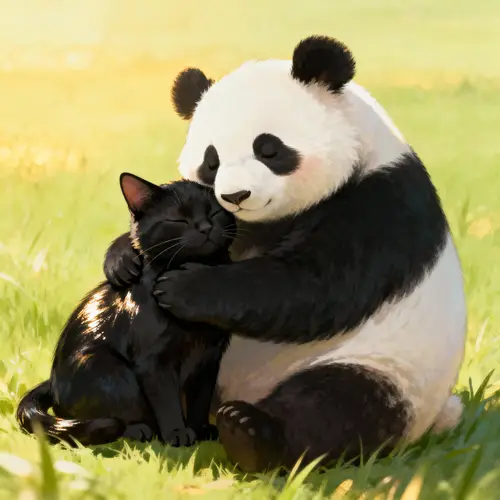 Adorable Panda Hugging a Black Cat