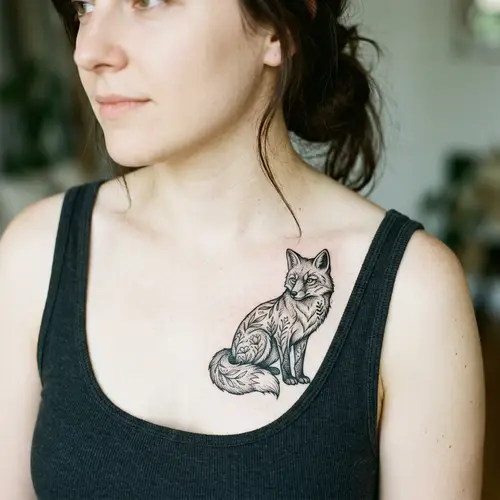 Intricately Designed Fox Tattoo on Woman's Chest