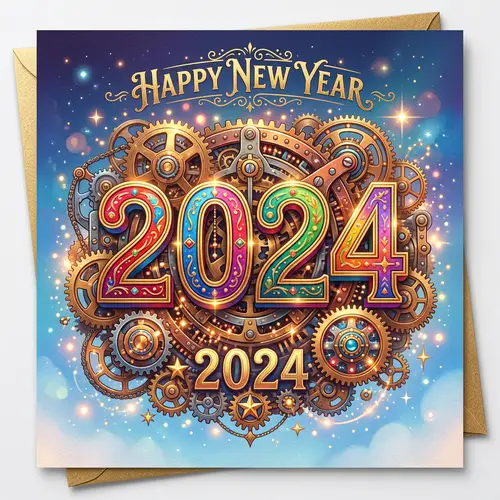 Mechanical Themed 2024 New Year Greeting Card | Vibrant Colors & Festive Design
