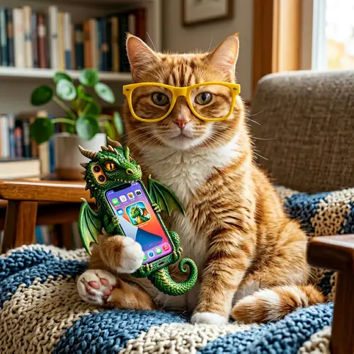 Cat with Yellow Glasses and Dragon-Shaped Smartphone