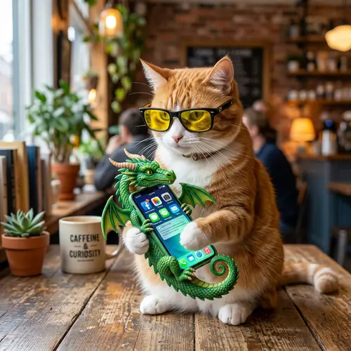 Cat in Neo-Sunglasses Holding Green Dragon Phone
