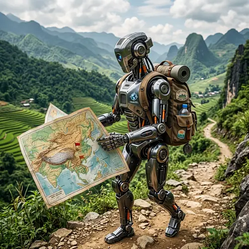 Sleek Robot Embarks on Global Journey with Backpack and Map