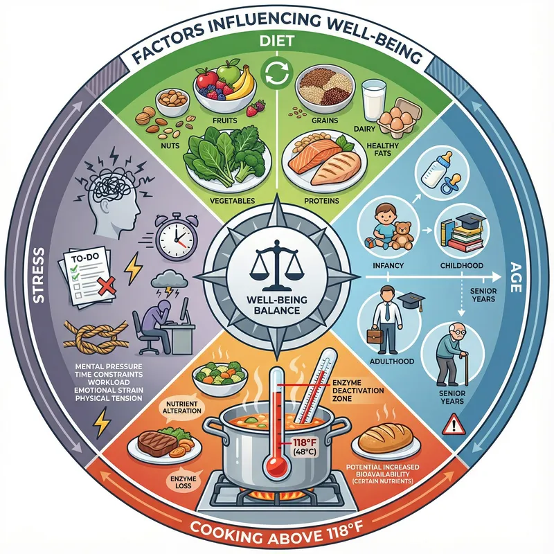 Wheel Chart Depicting Diet, Age, Cooking Above 118 Degrees, and Stress - Explained