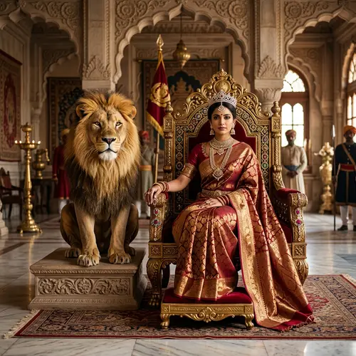 Regal South Asian Woman with Majestic Lion on Throne