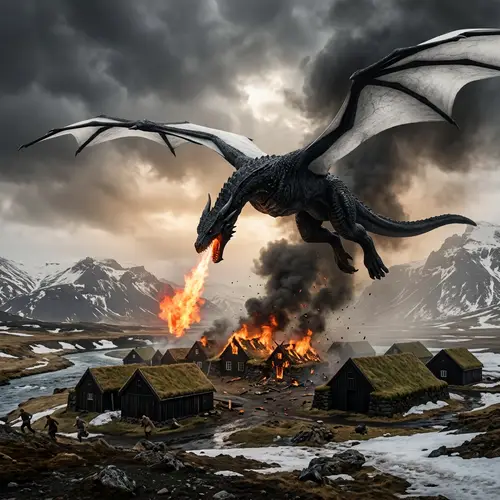 Black Dragon with White Wings Destroying Village in Iceland