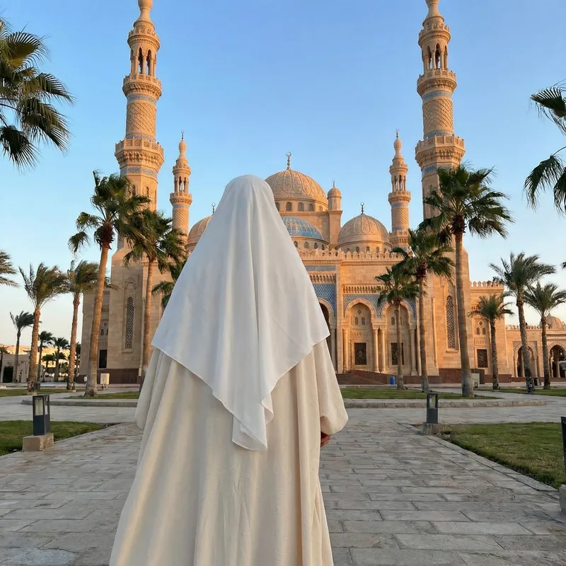 Muslim Girl in White Niqab at Mosque with Palm Trees
