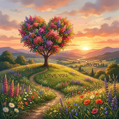 Heart-Shaped Tree in Bloom on Sunset Hill